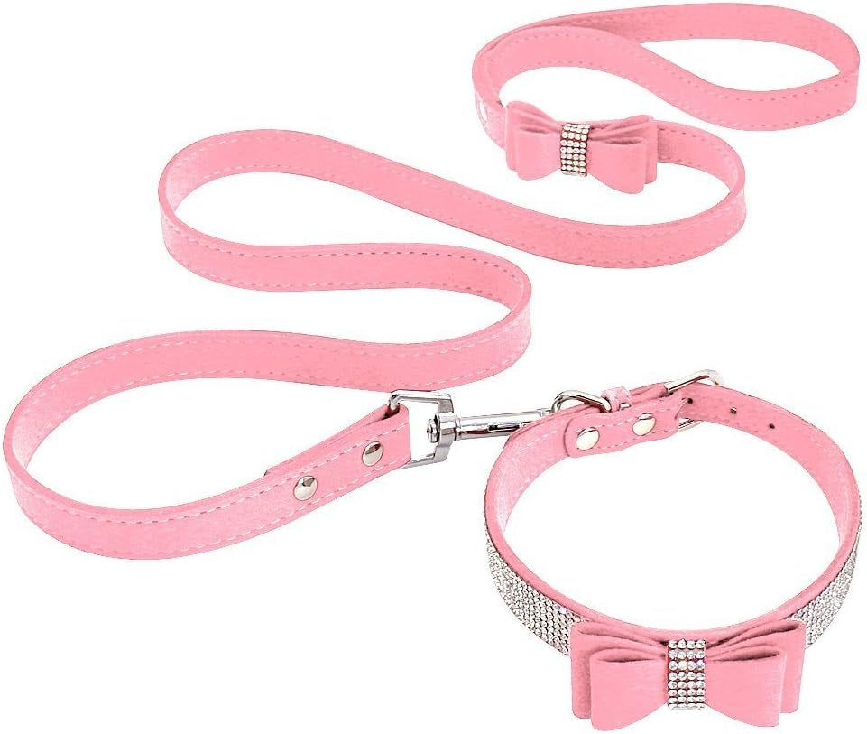 Rhinestone Bling Leather Dog Collar and Leash Set - Soft Flocking Sparkly Crystal Diamonds Studded - Cute Double Bowknot Collar with 4 Foot Leash for Pet Show,Pink,Neck Fit 8-10"