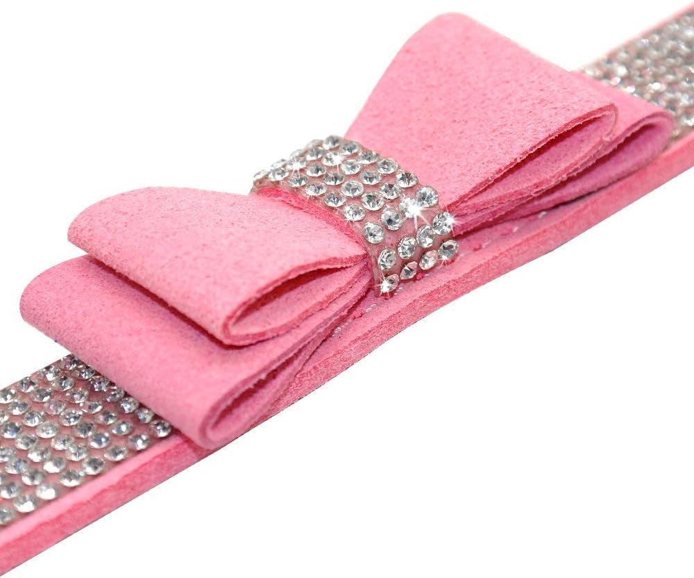 Rhinestone Bling Leather Dog Collar and Leash Set - Soft Flocking Sparkly Crystal Diamonds Studded - Cute Double Bowknot Collar with 4 Foot Leash for Pet Show,Pink,Neck Fit 8-10"