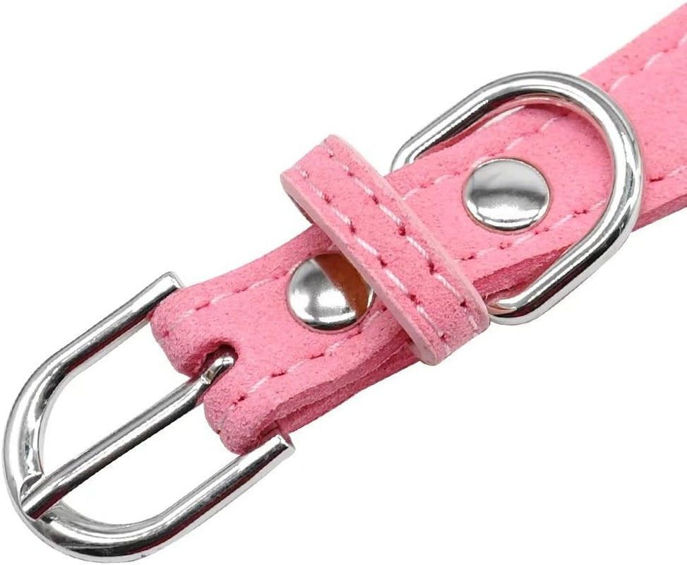 Rhinestone Bling Leather Dog Collar and Leash Set - Soft Flocking Sparkly Crystal Diamonds Studded - Cute Double Bowknot Collar with 4 Foot Leash for Pet Show,Pink,Neck Fit 8-10"