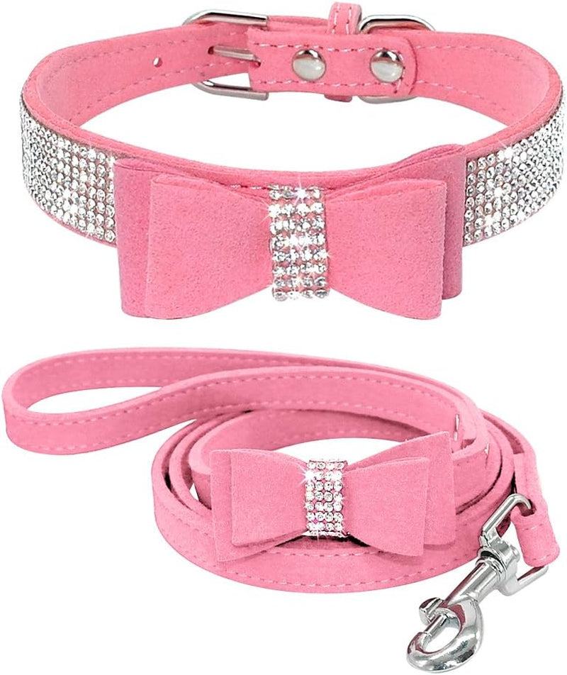 Rhinestone Bling Leather Dog Collar and Leash Set - Soft Flocking Sparkly Crystal Diamonds Studded - Cute Double Bowknot Collar with 4 Foot Leash for Pet Show,Pink,Neck Fit 8-10"