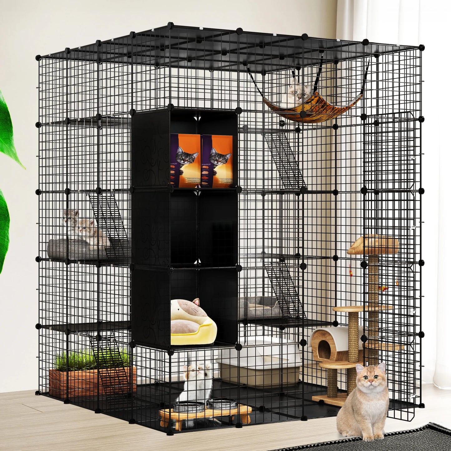 5-Tier Metal Cat Cage with Cube Storage,Diy Indoor Catio Enclosure Spacious Cat Playpen with Hammock, Ideal for 1-5 Cats