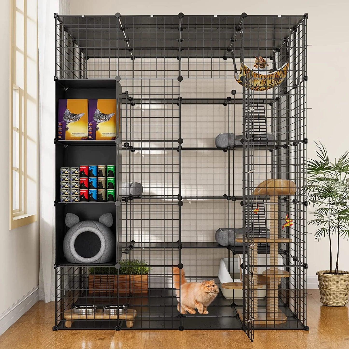 5-Tier Metal Cat Cage with Cube Storage,Diy Indoor Catio Enclosure Spacious Cat Playpen with Hammock, Ideal for 1-5 Cats