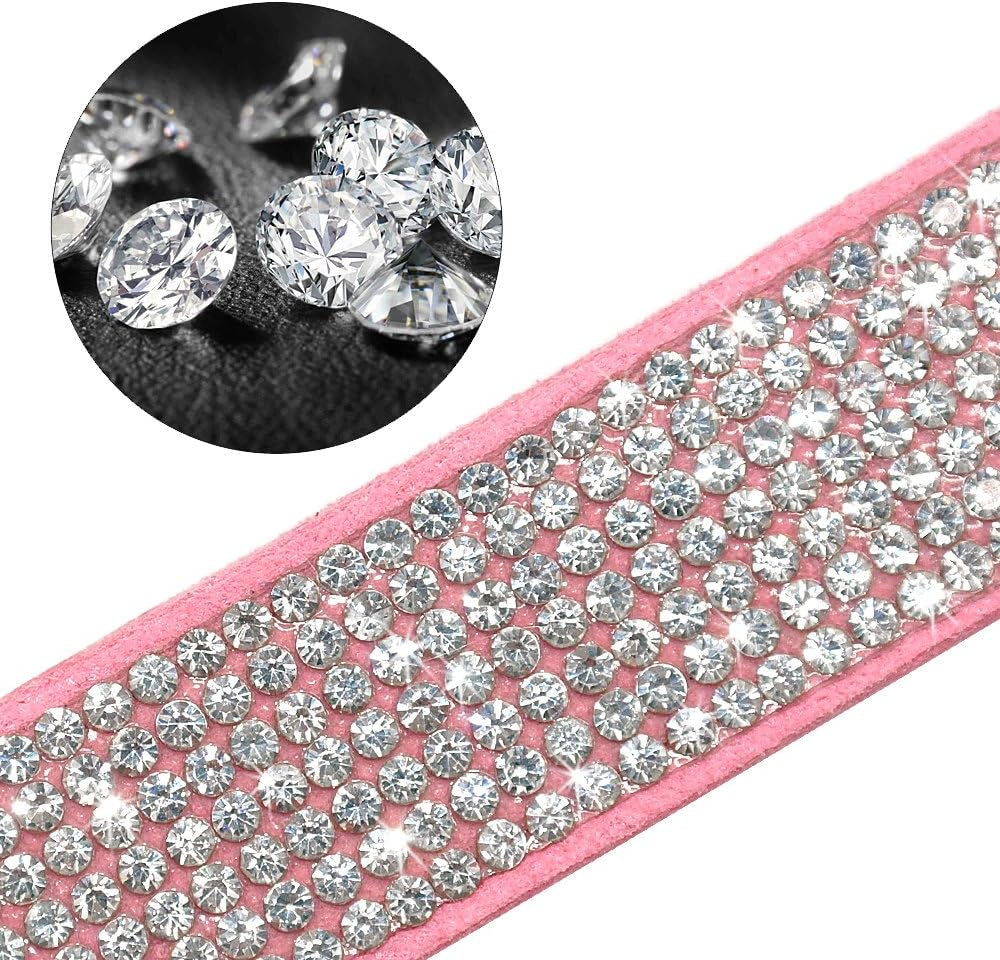 Rhinestone Bling Leather Dog Collar and Leash Set - Soft Flocking Sparkly Crystal Diamonds Studded - Cute Double Bowknot Collar with 4 Foot Leash for Pet Show,Pink,Neck Fit 8-10"