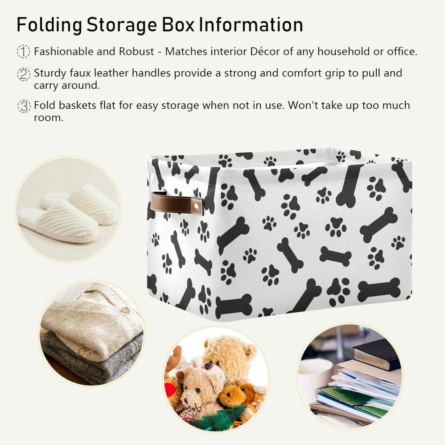 Large Foldable Storage Bin, Cute Pet Dog Bones Paws Footprints Fabric Storage Basket Organizer Bag with Handles 15 X 11 X 9.5 Inch